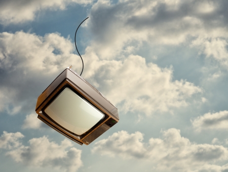 Old Television Falling Down From Sky, Outdoors