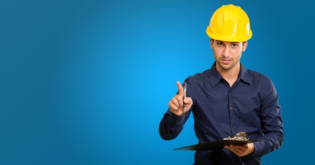 Architect Holding Clipboard And Pen On Blue Background