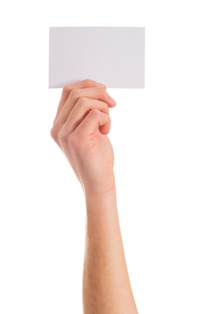 Close-up Of Hand Holding Placard On White Backgroundの写真素材
