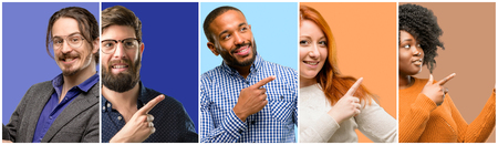 Group of cool people, woman and man pointing away side with fingerの写真素材