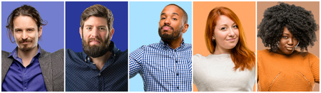 Group of cool people, woman and man showing biceps expressing strength and gym concept, healthy life its goodの写真素材