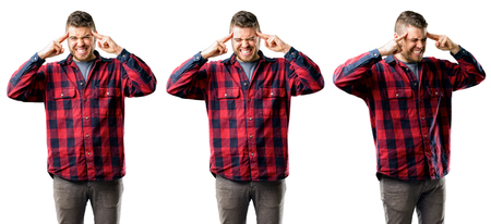 Young man doubt expression, confuse and wonder concept, uncertain future isolated over white background, collage compositionの写真素材