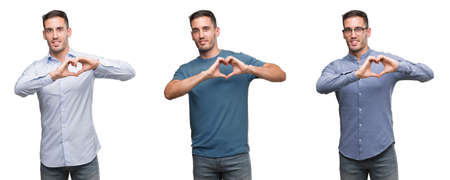 Handsome young man wearing different outfits smiling in love showing heart symbol and shape with hands. Romantic concept.の写真素材