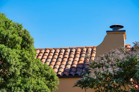 Brown beige stucco building with barn style roof and light tiles with victorian window decoration and front yard trees in late afternoon shade and sun. In the neighborhood or in the city suburbs.の写真素材