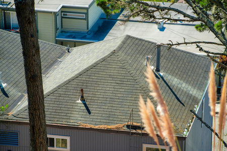 Decorative chimneys in row in neighborhood with wooden slats or panels with metal tops and gradient blue and white sky background. In the city in the suburban areas with front yard green trees.の写真素材