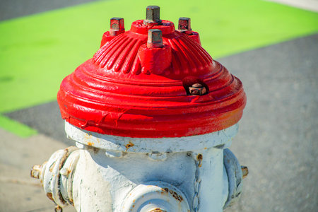 Urban fire hydrant with white and red colored paint on the exterior with green paved cement road background in late afternoon sun. In the suburban areas of town with rust stains on pipe.の写真素材