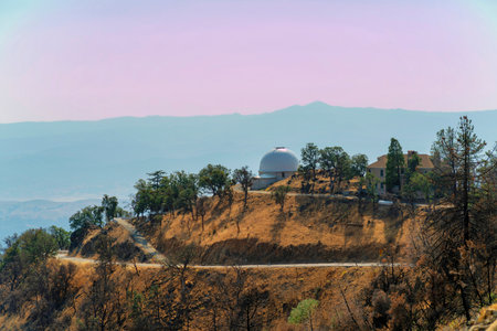winding country road with dry grass and folliage and trees with observatory in background and purple neon sunset late afternoon and sunsetの写真素材