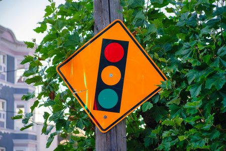 Traffic light sign with orange exterior on wooden post with suburban tree and building background in...