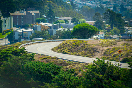 canyon road lined with trees and foliage on hill in sun near city with neighborhood and house background on twin peaks san francisco california midday or late afternoonの写真素材