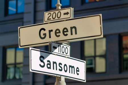 White and black road sign that says sansome and green with dense urban background in shade and sun midday. In the city for cars and transportations for busses traveling in the neighborhoods.の写真素材