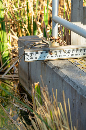 Measuring ruler to determine how much water or rain there is in the local pond or lake in industrial...