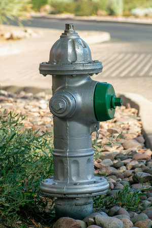 Gray fire hydrant in an urban city area with green pipe valve and rock garden around floor with shrubs nearby in shade. In a neighborhood or town to be used in case of fire for water to flow through.の写真素材