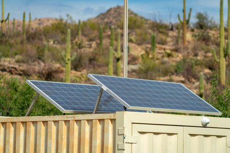 Dual solar or photovoltaic pannel in the desert sunlight in arizona gathering natural energy from...