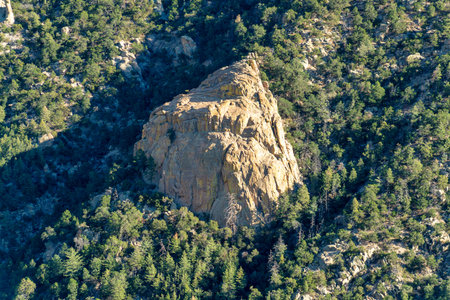 View from mountaintop with standing rock and foliage and trees in the arizona cliffs and desert mountains midday sun. Late in the day with visible plants and rock and stone formations in woods.の写真素材