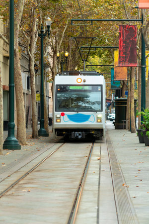 Incomming train on streets an san jose california in silicon valley for electric vehicle...
