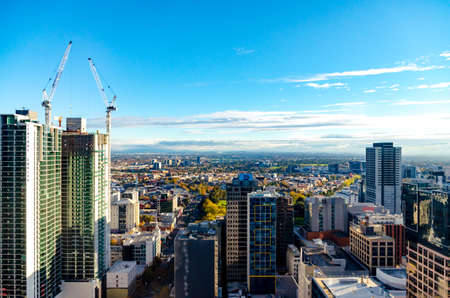 Melbourne city at sunrise, looking north over the parks and bustling new developments shortly after sunriseのeditorial素材