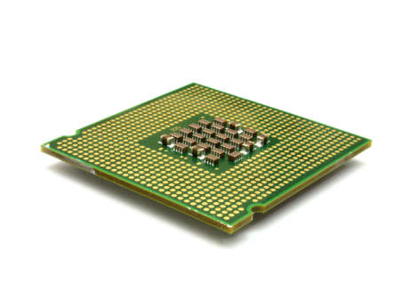 The computer the processor on a white background is isolated gold color with a microcircuit