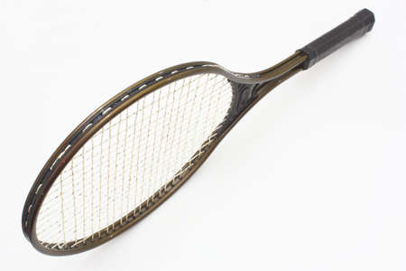 Tennis racket of brown color on a white background