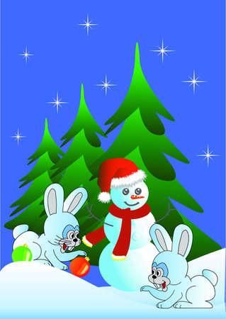 Hares congratulate on Christmas, behind there is a snowman against fur-trees. A vector.のイラスト素材