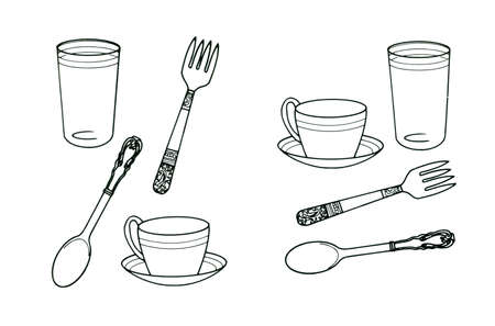 Set of tableware isolated on the white backgroundのイラスト素材