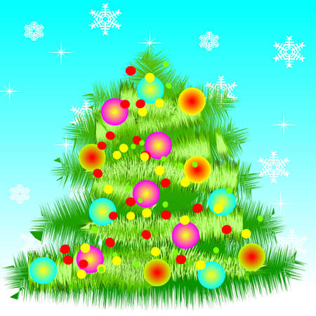 New Year's card with a fur-tree on a red background and snowflakes- vektorのイラスト素材