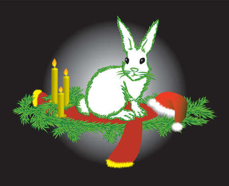 The white hare with a contour fur-tree needles congratulates on Christmasのイラスト素材