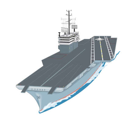 Aircraft carrier floating on waves with plane flying up from it a vector illustrationのイラスト素材