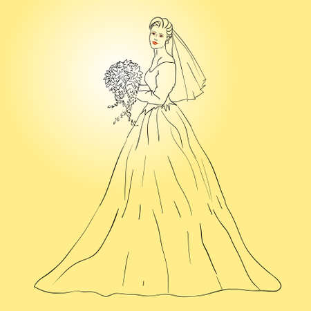 Bride in wedding dress white with bouquetのイラスト素材