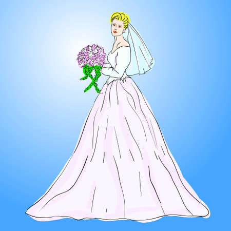 Bride in wedding dress white with bouquetのイラスト素材