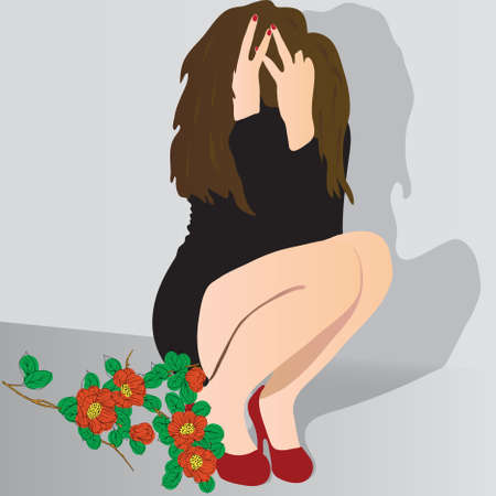 girls sits with a bunch of flowersのイラスト素材