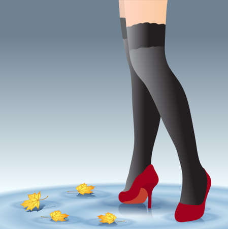 Beautiful female feet in stockings and shoes in the autumn with leavesのイラスト素材