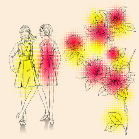 fashion girls  on a floral backgroundのイラスト素材