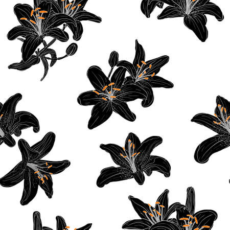 Beautiful seamless wallpaper with blooming lilies with on background, vector illustrationのイラスト素材