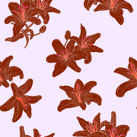 Beautiful seamless wallpaper with blooming lilies with on background, vector illustrationのイラスト素材