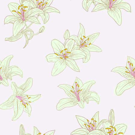 Beautiful seamless wallpaper with blooming lilies with on background, vector illustrationのイラスト素材