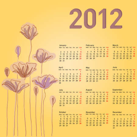 Stylish calendar with flowers for 2012. Week starts on Monday.のイラスト素材
