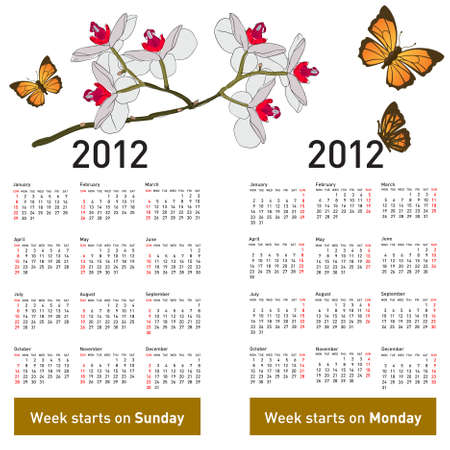 Stylish calendar with flowers and butterflies for 2012. Week starts on Monday.のイラスト素材