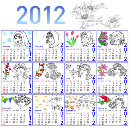 2012 year calendar in vector. Hand-drawn fashion model.のイラスト素材