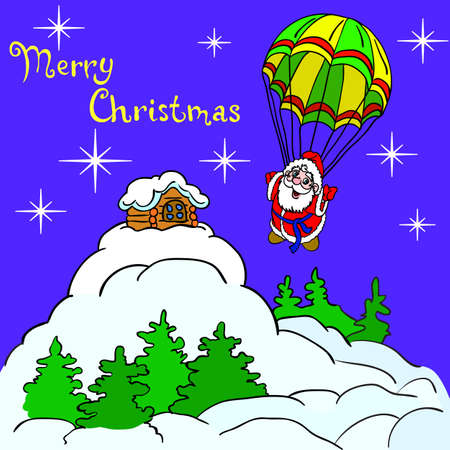 Cheerful Santa Claus goes down from the sky on a parachute. Christmas illustration.のイラスト素材
