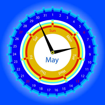 Creative idea of design of a Clock with circular calendar for 2012.  Arrows indicate the day of the week and date. May
 のイラスト素材
