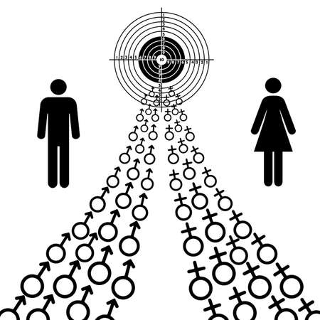 illustration of male and female sex symbols tend toward the goal.のイラスト素材
