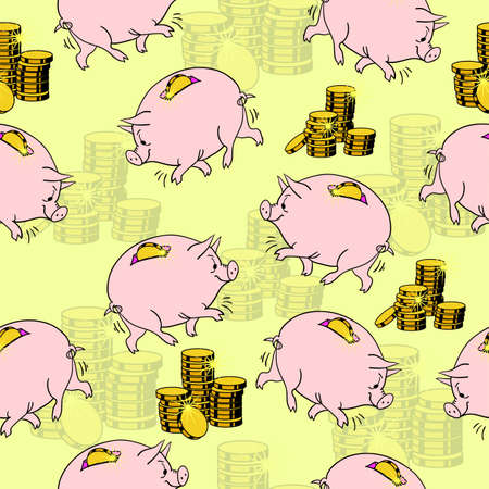 Pig piggy bank, gold coins. Seamless wallpaper.のイラスト素材