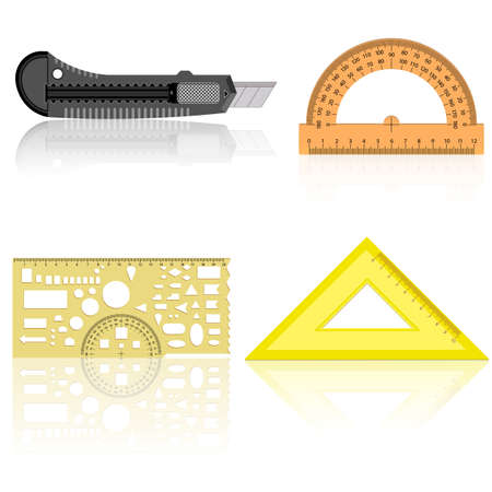 Stationery knife, ruler and protractor line of the triangle on a white background.のイラスト素材