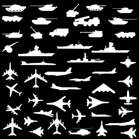 Vector set of aircraft, armored ships and guns.のイラスト素材
