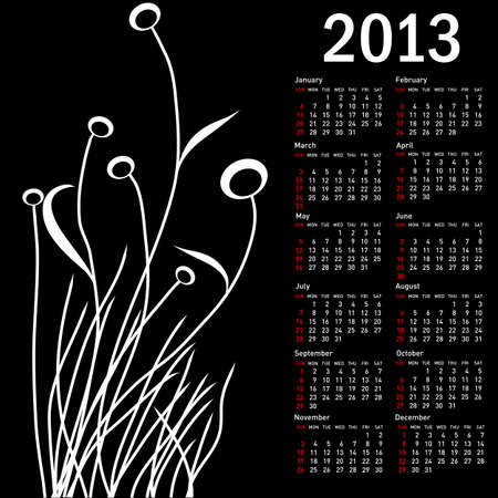 Stylish calendar with flowers for 2013. Week starts on Sunday.のイラスト素材