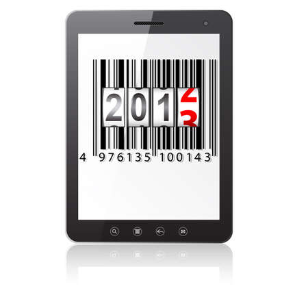 Tablet PC computer with 2013 New Year counter, barcode isolated on white background  のイラスト素材