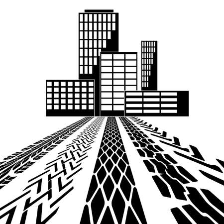 Set of detailed tire prints, leading to the building  のイラスト素材