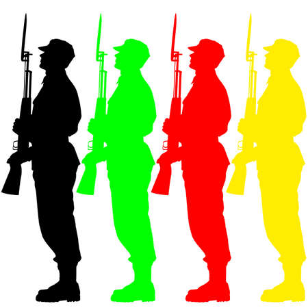 Silhouette soldiers during a military parade.  illustration.のイラスト素材