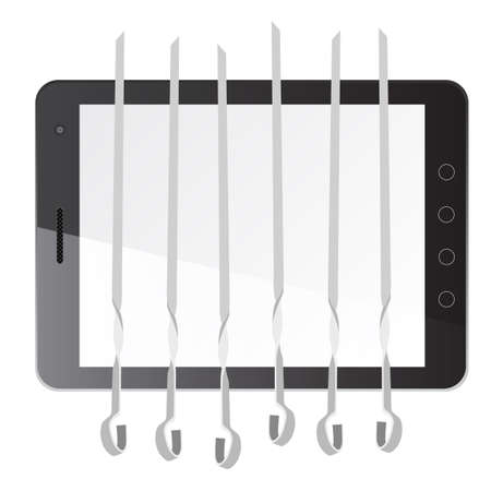 Tablet PC computer with a barbeque and skewers isolated on white background   illustration のイラスト素材