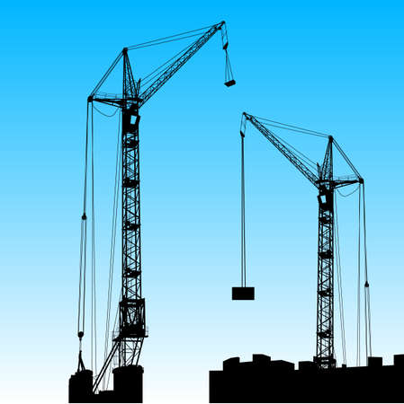 Silhouette of two cranes working on the building illustration.のイラスト素材